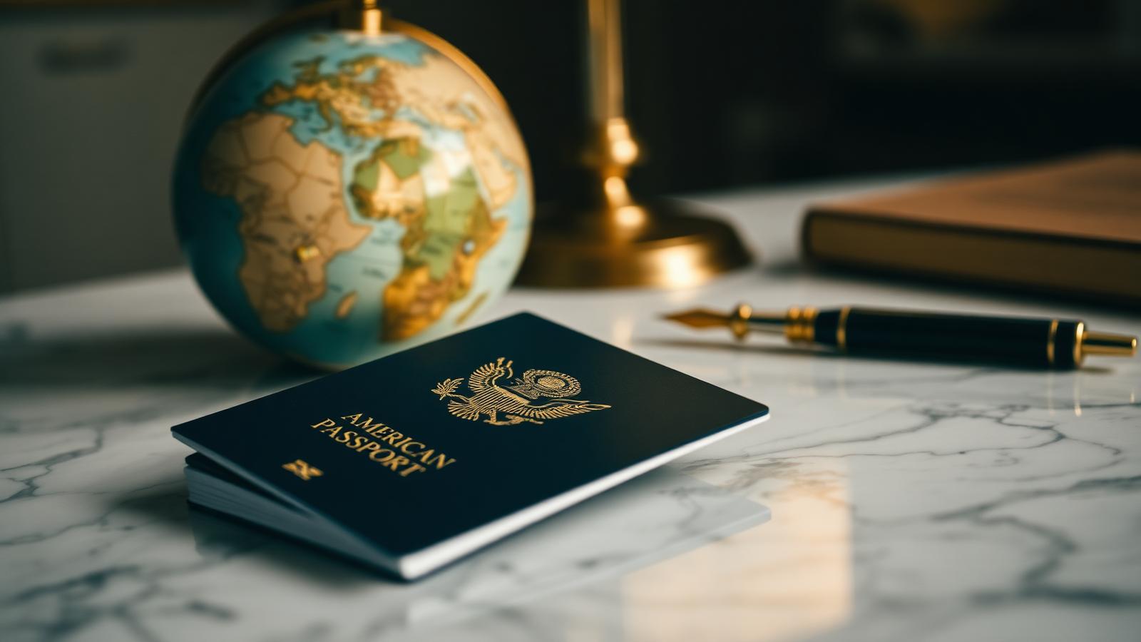 An American passport on a marble desk beside a globe and a fountain pen