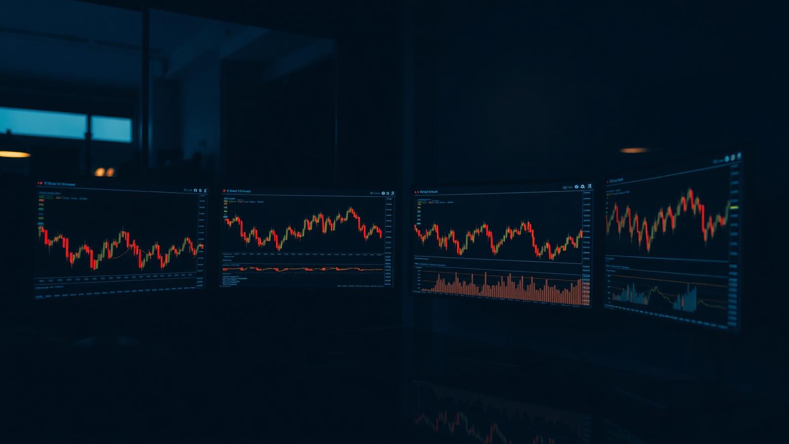 Multiple monitors displaying financial charts in a dark workspace
