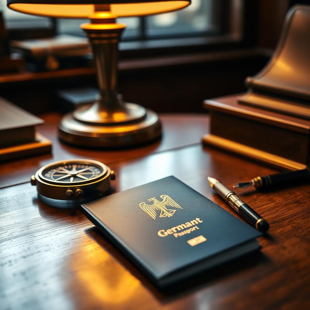 A German passport on a walnut desk beside an antique compass and fountain pen