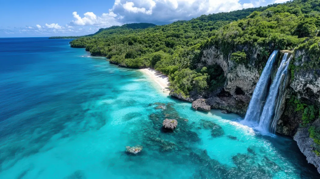 Vanuatu coastline with a waterfall to the sea