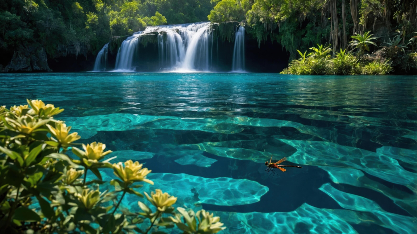 A turquoise spring beneath a Vanuatu waterfall